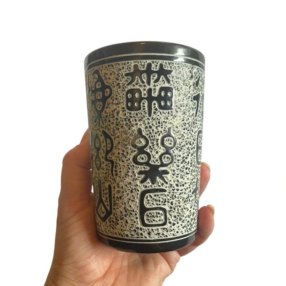 Vintage Midcentury Black and White Artistic Vase Japan Sgrafitto